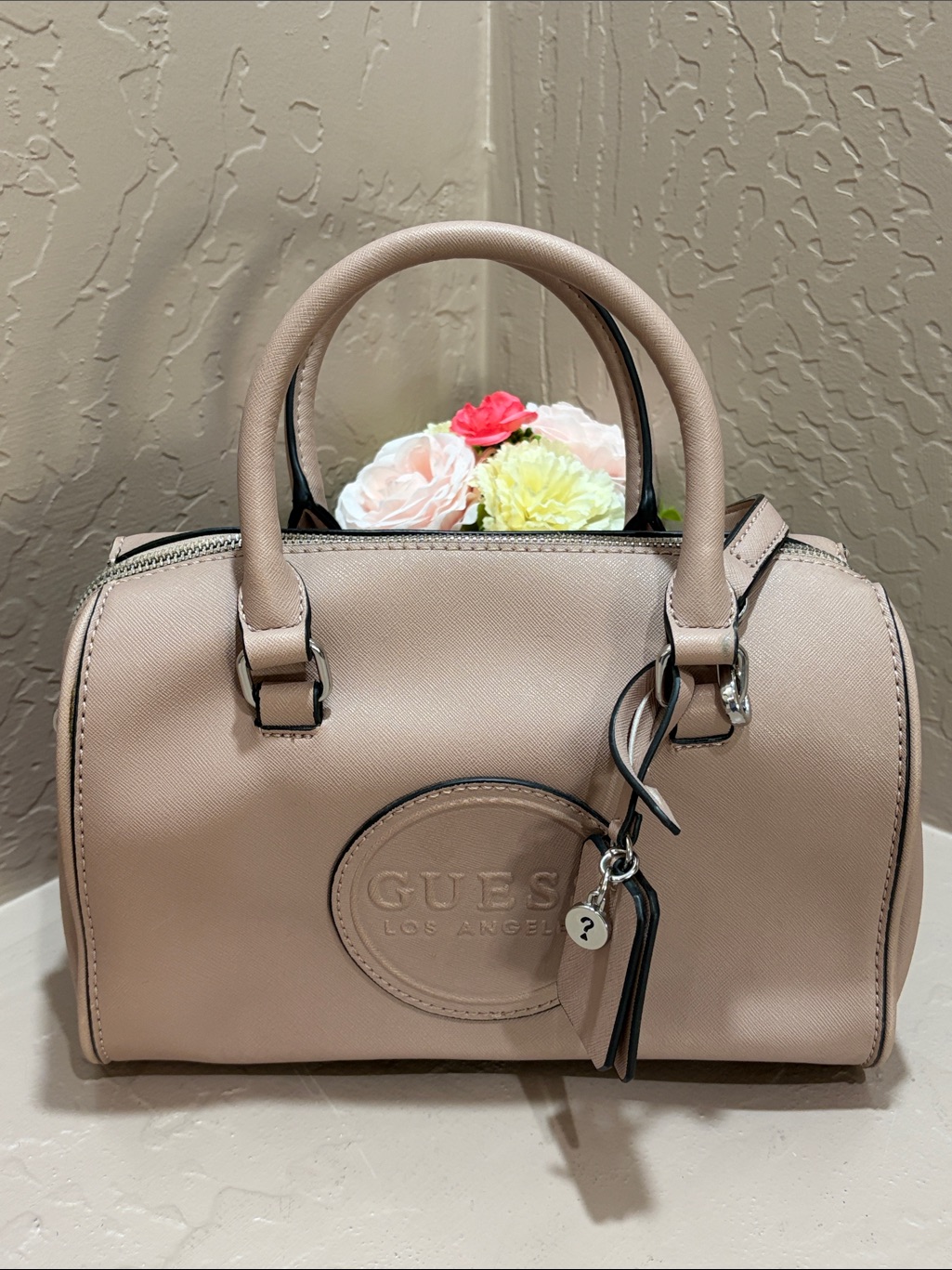 Guess Crossbody Satchel With Embossed Logo ~ Mauve/Taupe